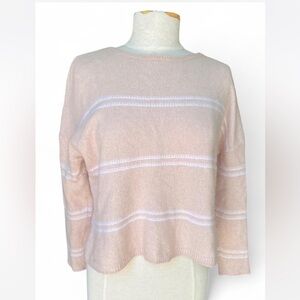360 Cashmere & Cotton Blend Relaxed Pullover in Soft Pink/white stripes S/M